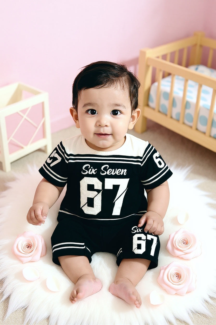 Cute Six Seven 67 Kids Summer Co-Ord Set | Soft Cotton T-Shirt & Shorts Outfit for Boys & Girls