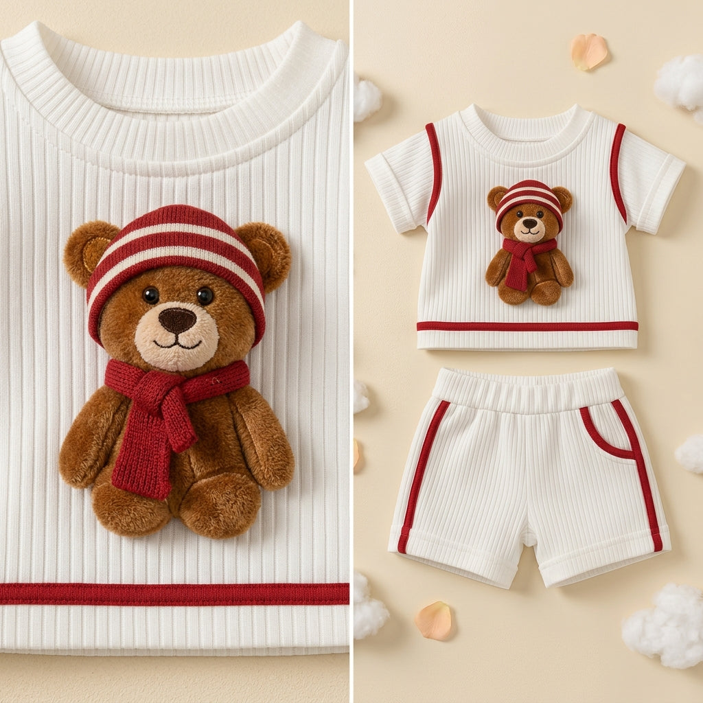 Cute Teddy Bear White & Red Ribbed Co-ord Set for Babies 🧸