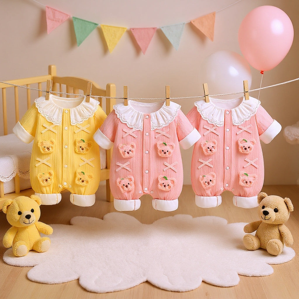 Summer Journey Baby Romper – Pink, Light Yellow & Beige Cute Teddy Cotton Outfit (C