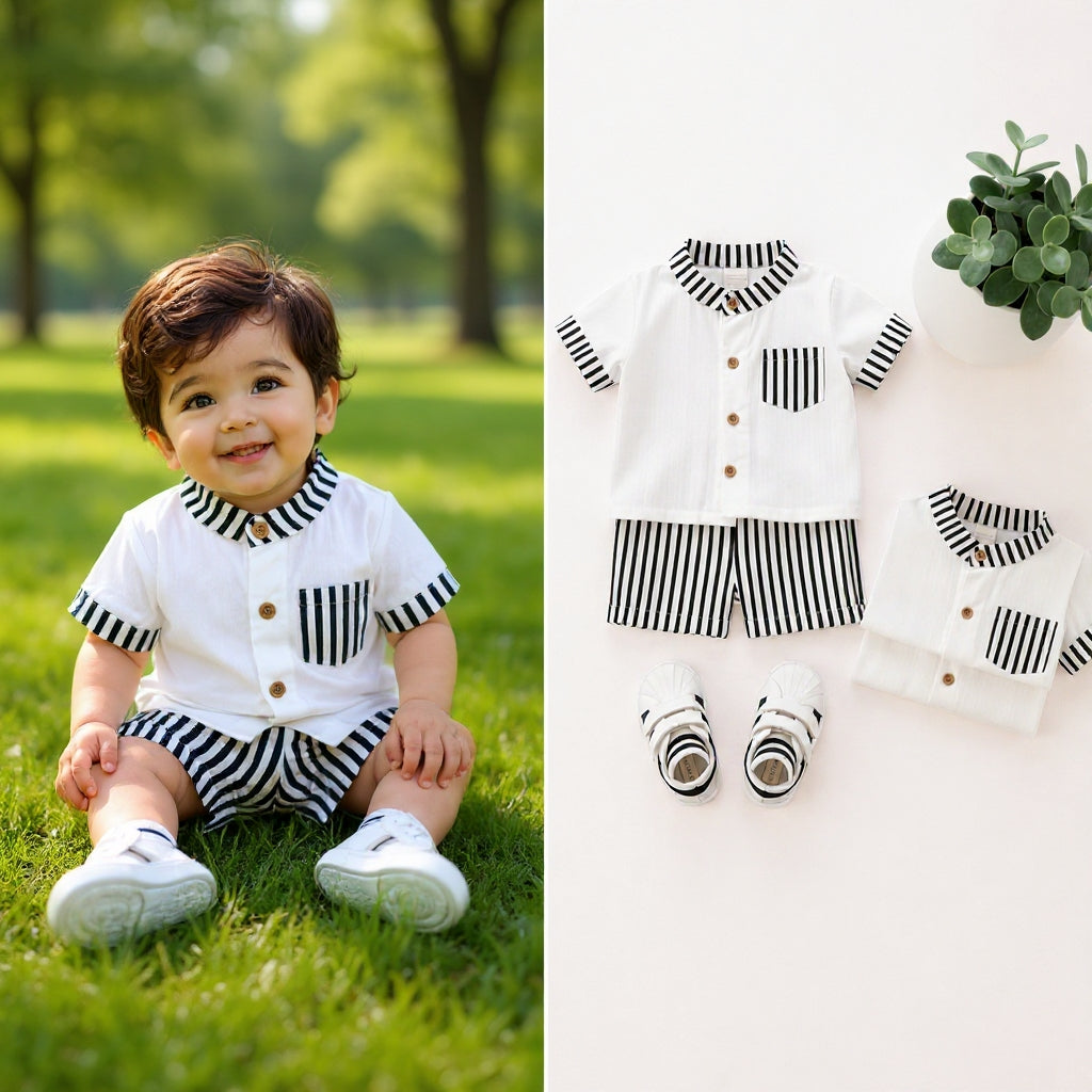 Stylish Kids Summer Co-ord Set | Black & White Striped Half Sleeve Shirt & Shorts Outfit