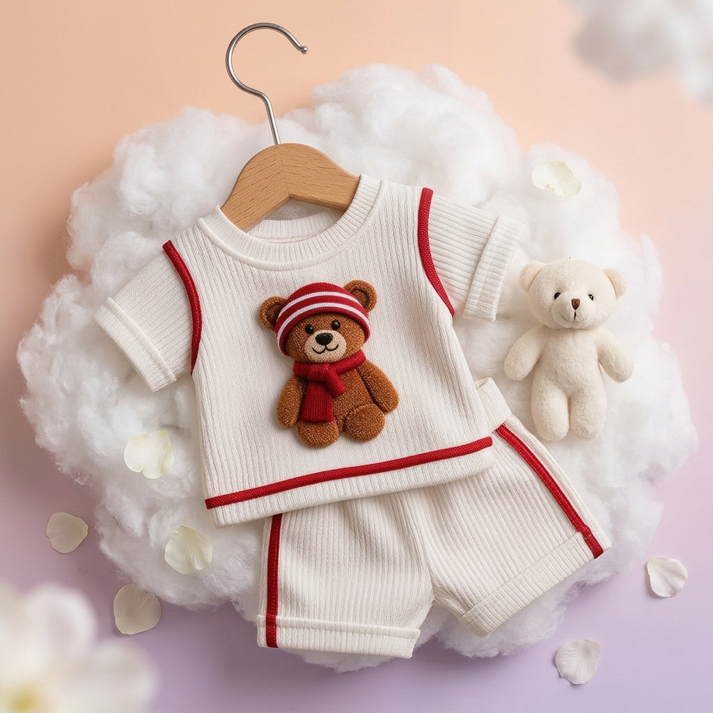 Cute Teddy Bear White & Red Ribbed Co-ord Set for Babies 🧸