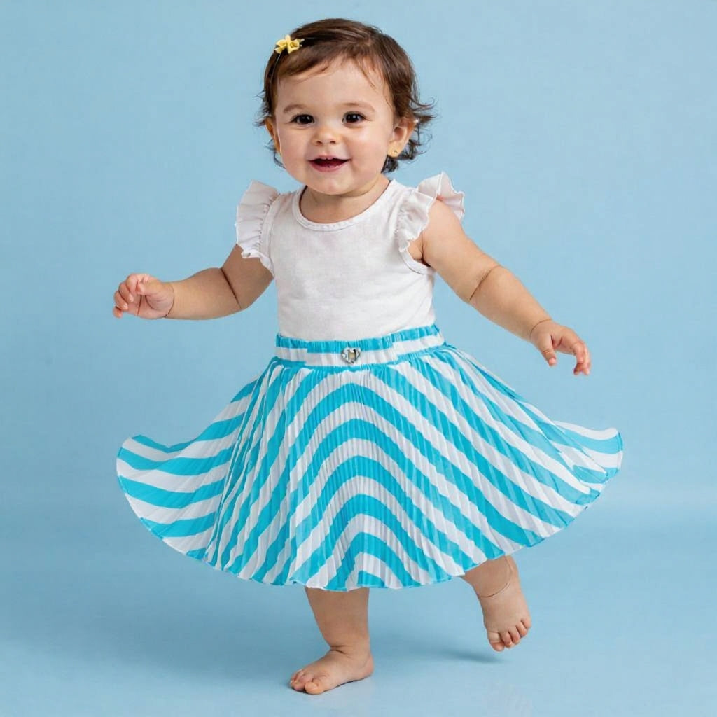 Baby Girls Teal Blue Striped Skirt – Single Piece Only | Elegant Pleated Skirt for 1–4 Years