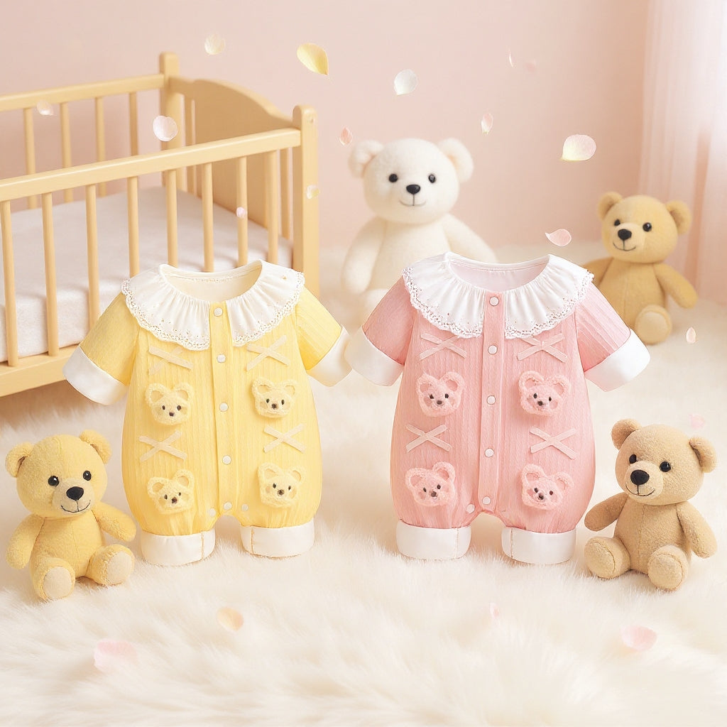 Summer Journey Baby Romper – Pink, Light Yellow & Beige Cute Teddy Cotton Outfit (C