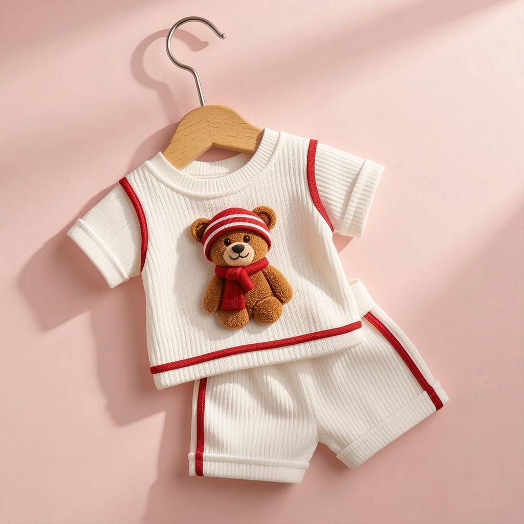 Cute Teddy Bear White & Red Ribbed Co-ord Set for Babies 🧸