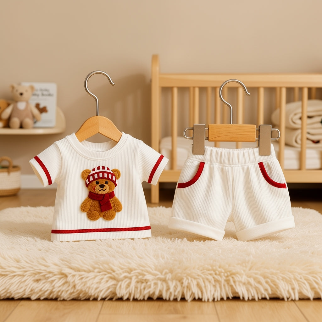 Cute Teddy Bear White & Red Ribbed Co-ord Set for Babies 🧸