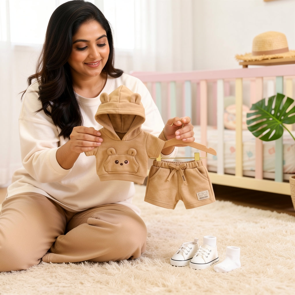 Adorable Bear-Ear Hoodie & Shorts Co-ord Set for Babies – Soft Cotton, Cute Pouch Pocket Design (Cream/Brown)