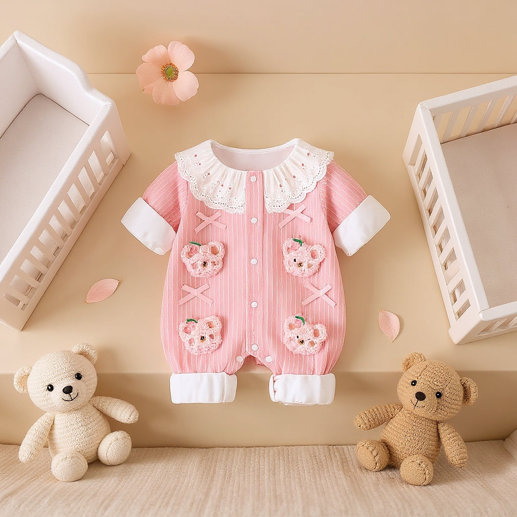 Summer Journey Baby Romper – Pink, Light Yellow & Beige Cute Teddy Cotton Outfit (C