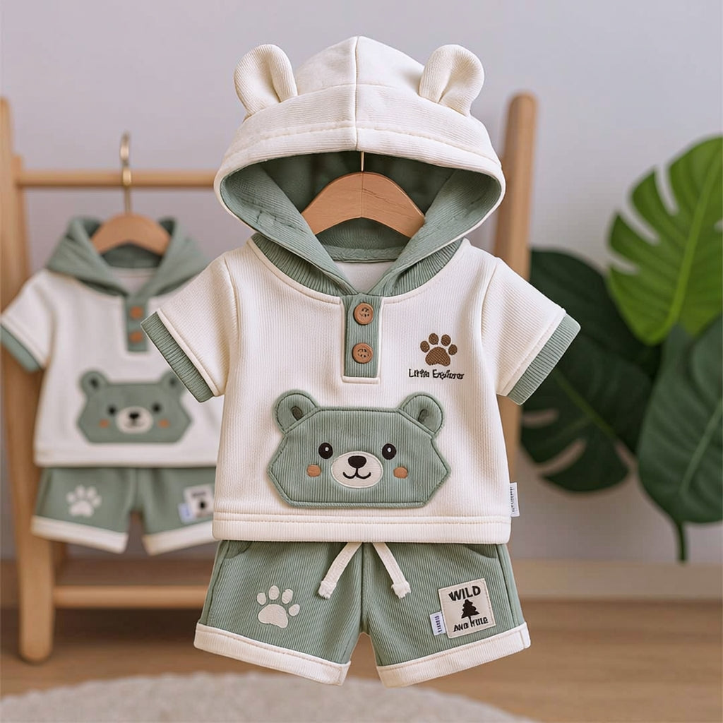 🐻 Baby Bear Hoodie Co-ord Set – Cute 3D Ear Hoodie T-Shirt & Shorts | Little Explorer Print | Available in Sage Green & Beige Brown