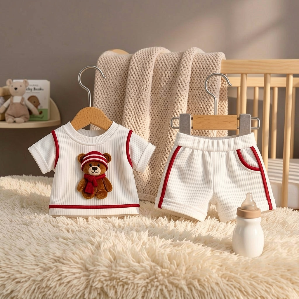 Cute Teddy Bear White & Red Ribbed Co-ord Set for Babies 🧸