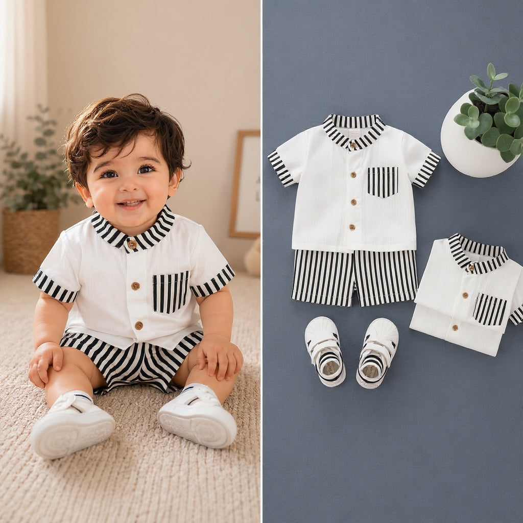 Stylish Kids Summer Co-ord Set | Black & White Striped Half Sleeve Shirt & Shorts Outfit