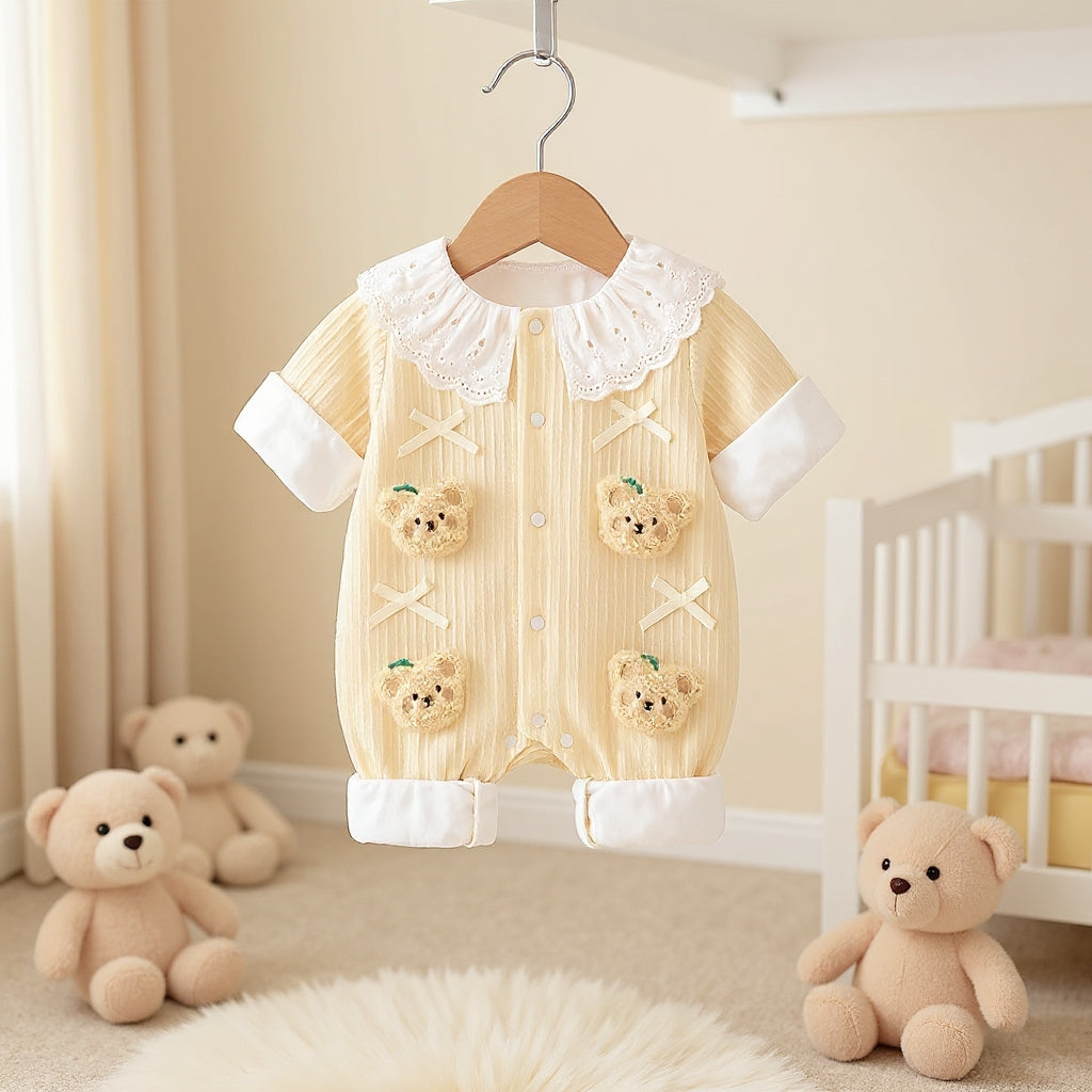 Summer Journey Baby Romper – Pink, Light Yellow & Beige Cute Teddy Cotton Outfit (C