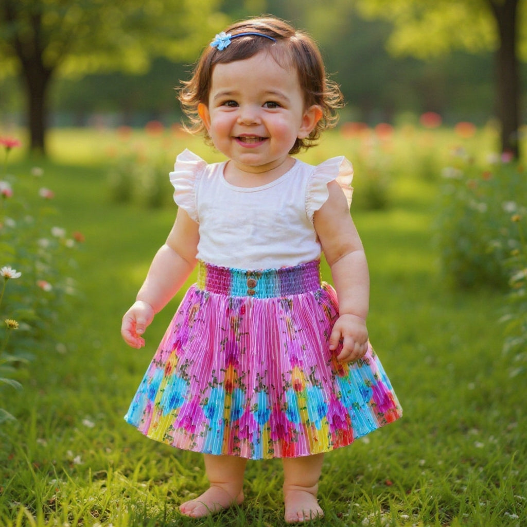 Baby Girls Single Piece Floral Pleated Satin Skirt with Elastic Waist & Inner Lining (Astar) – 100% Quality Guaranteed