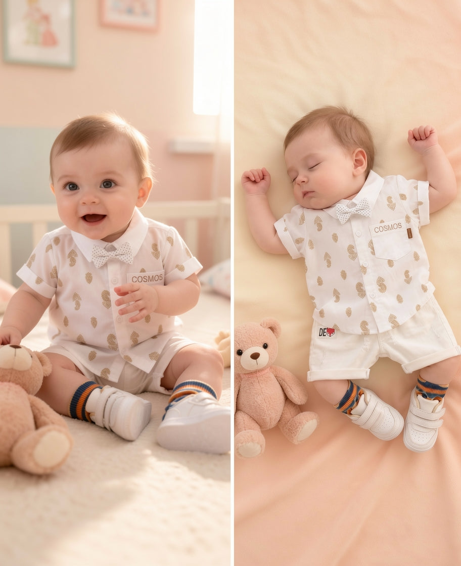 Baby Boys Formal Summer Outfit Set with Bow Tie & Shorts – Available in White, Black & Sky Blue