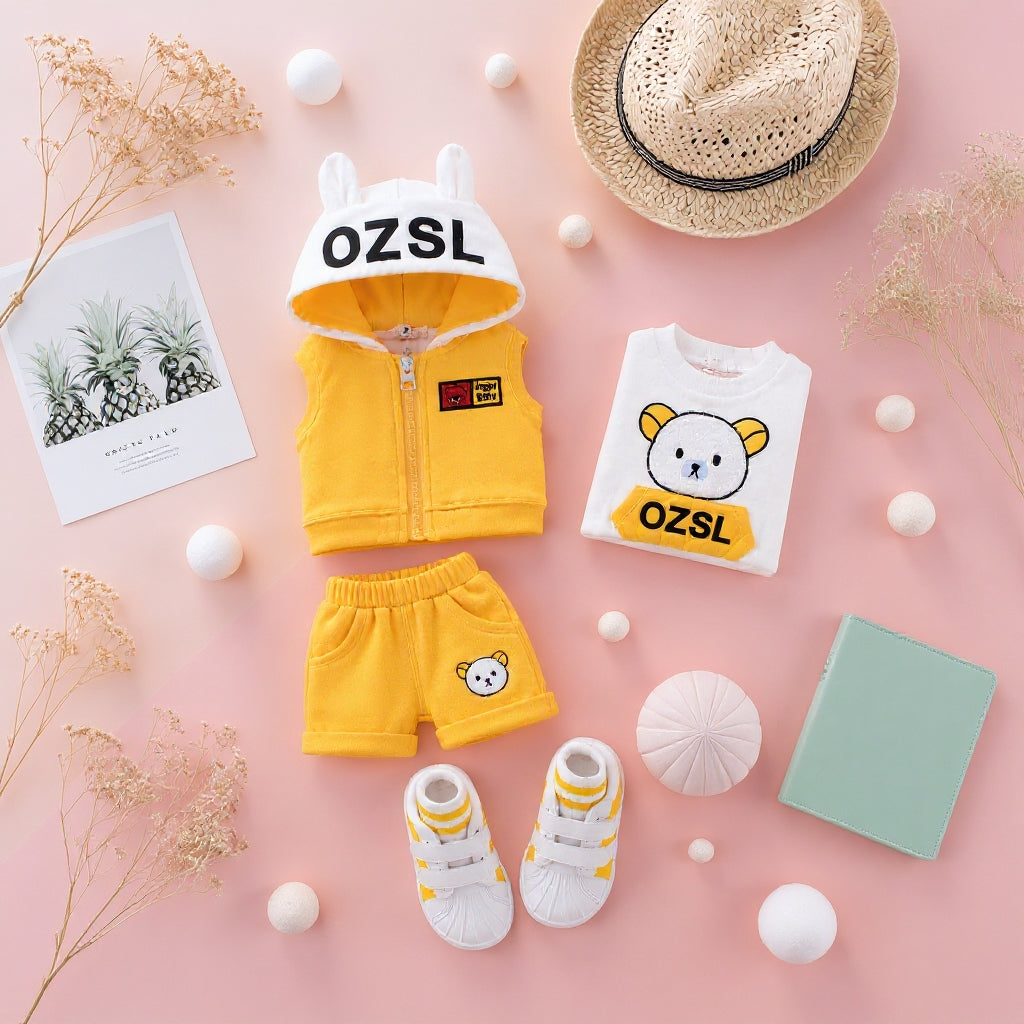 🐻 3PCS Baby Clothing Set – Bunny Ear Hoodie Vest, Cute Bear T-Shirt & Soft Shorts Set for Baby Boys & Girls 💛