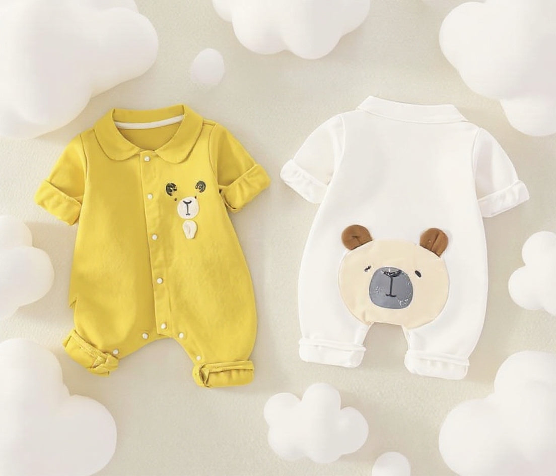 Cute Baby Romper Jumpsuit Set for Boys & Girls | Soft Cotton Half Sleeve Newborn Dress with Bear Design | Comfortable Summer Wear for 0-12 Months Babies