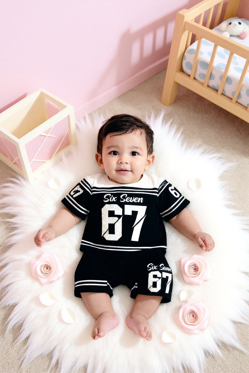 Cute Six Seven 67 Kids Summer Co-Ord Set | Soft Cotton T-Shirt & Shorts Outfit for Boys & Girls