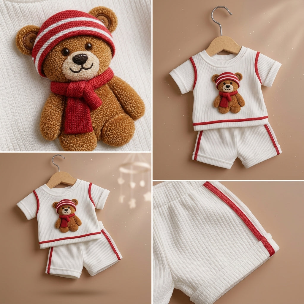 Cute Teddy Bear White & Red Ribbed Co-ord Set for Babies 🧸