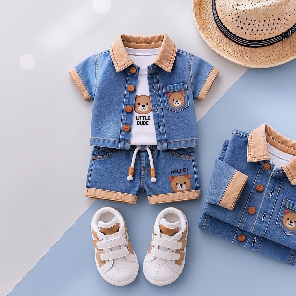 Baby Boys Denim Bear Printed Shirt & Shorts Set 💙🐻