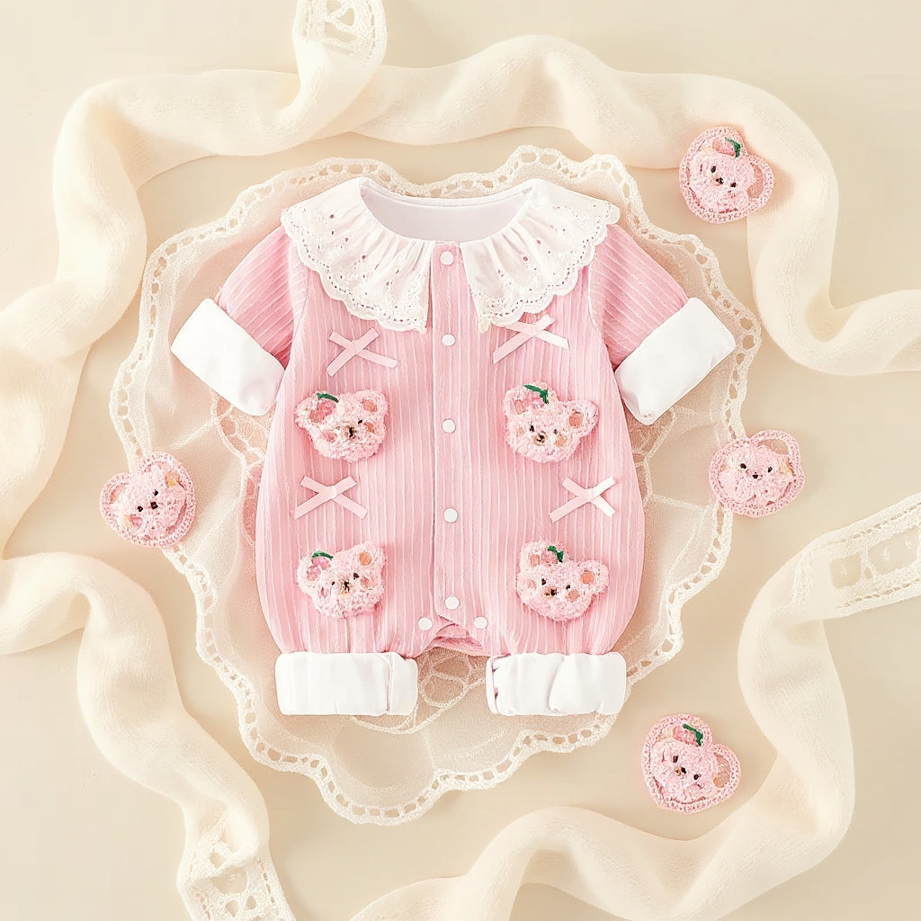 Summer Journey Baby Romper – Pink, Light Yellow & Beige Cute Teddy Cotton Outfit (C