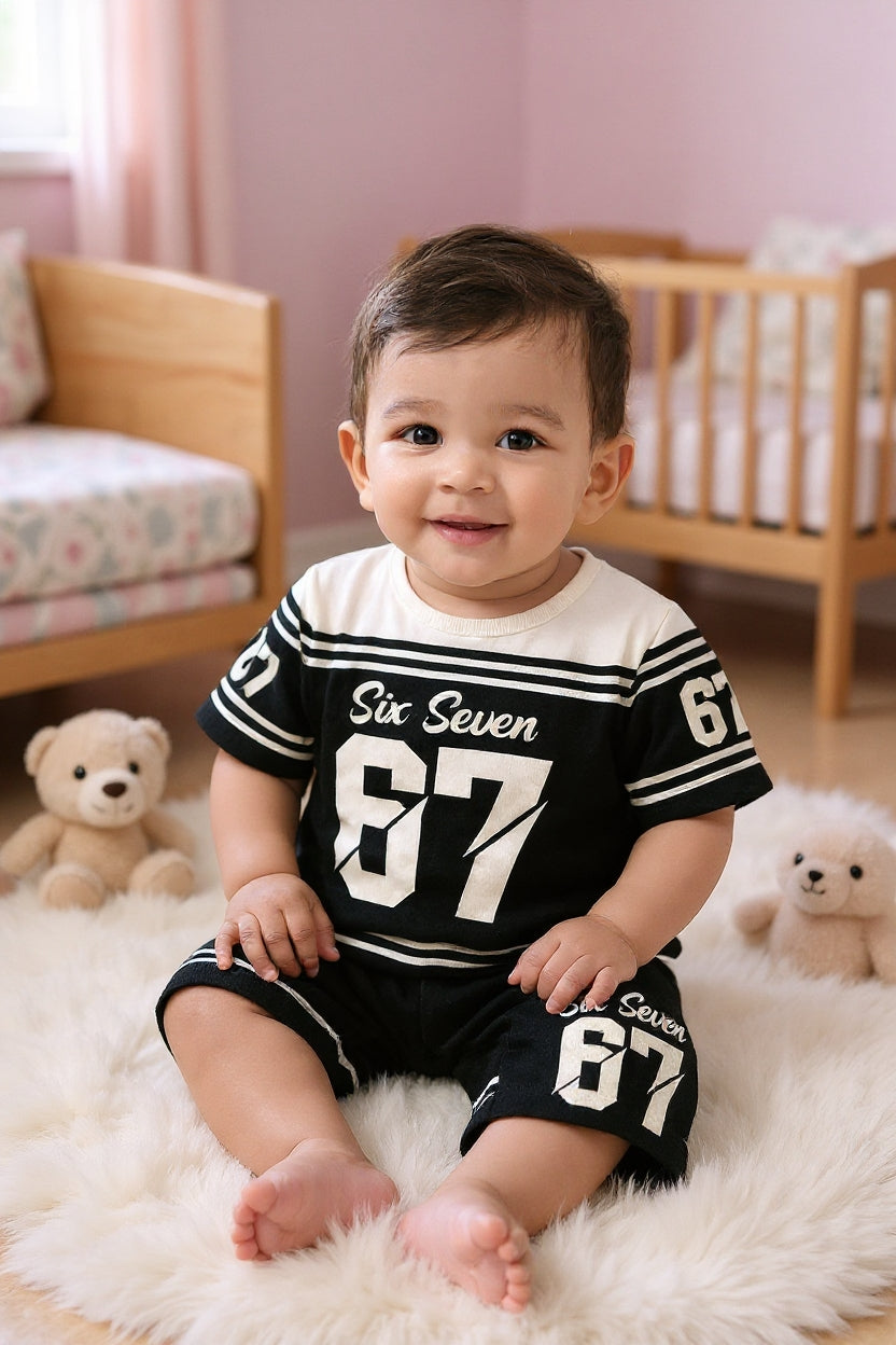 Cute Six Seven 67 Kids Summer Co-Ord Set | Soft Cotton T-Shirt & Shorts Outfit for Boys & Girls