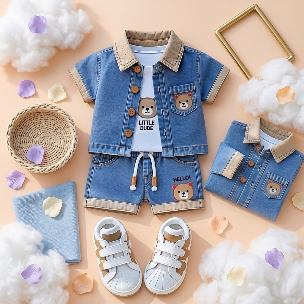 Baby Boys Denim Bear Printed Shirt & Shorts Set 💙🐻