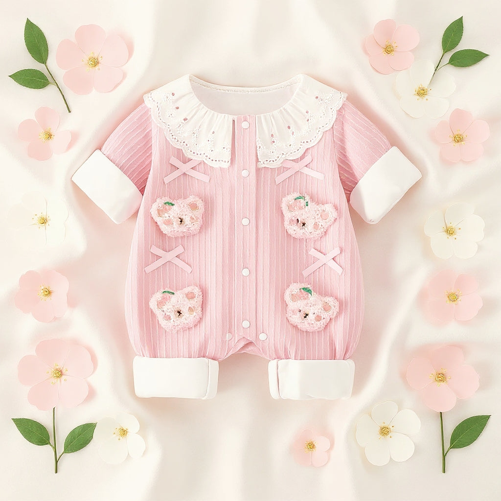 Summer Journey Baby Romper – Pink, Light Yellow & Beige Cute Teddy Cotton Outfit (C
