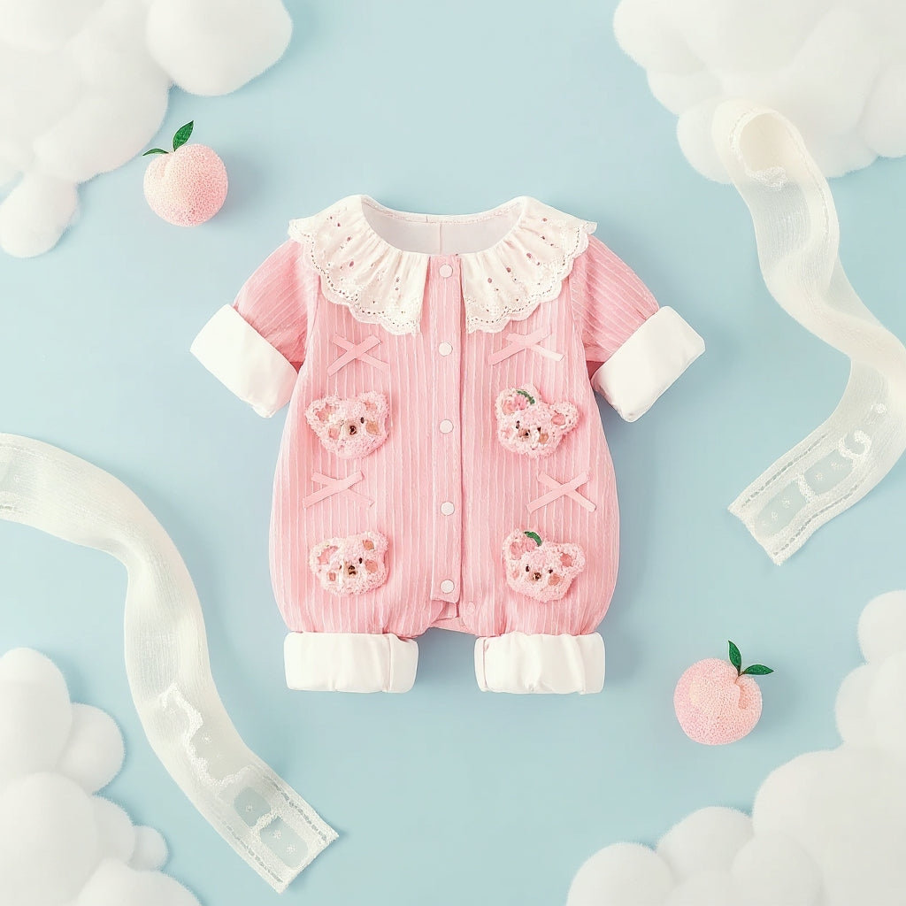 Summer Journey Baby Romper – Pink, Light Yellow & Beige Cute Teddy Cotton Outfit (C