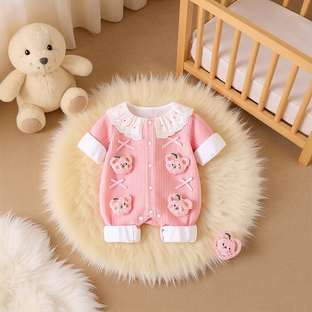 Summer Journey Baby Romper – Pink, Light Yellow & Beige Cute Teddy Cotton Outfit (C