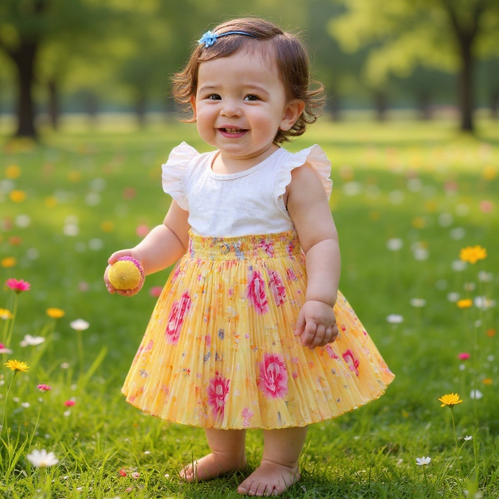 Baby Girls Yellow Floral Pleated Skirt | Soft Elastic Waist | Cute & Stylish Single Piece Skirt