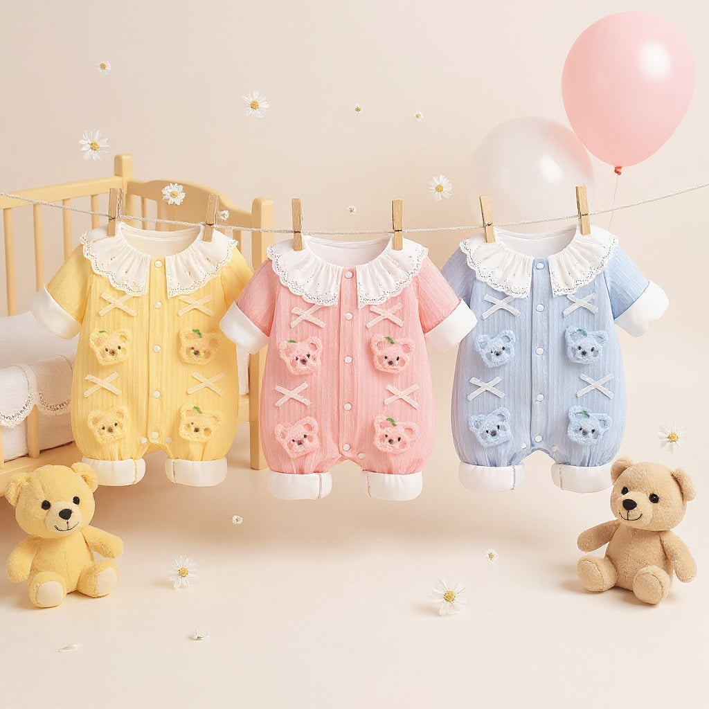 Summer Journey Baby Romper – Pink, Light Yellow & Beige Cute Teddy Cotton Outfit (C