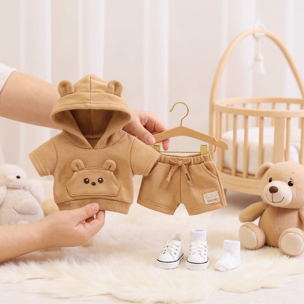 Adorable Bear-Ear Hoodie & Shorts Co-ord Set for Babies – Soft Cotton, Cute Pouch Pocket Design (Cream/Brown)