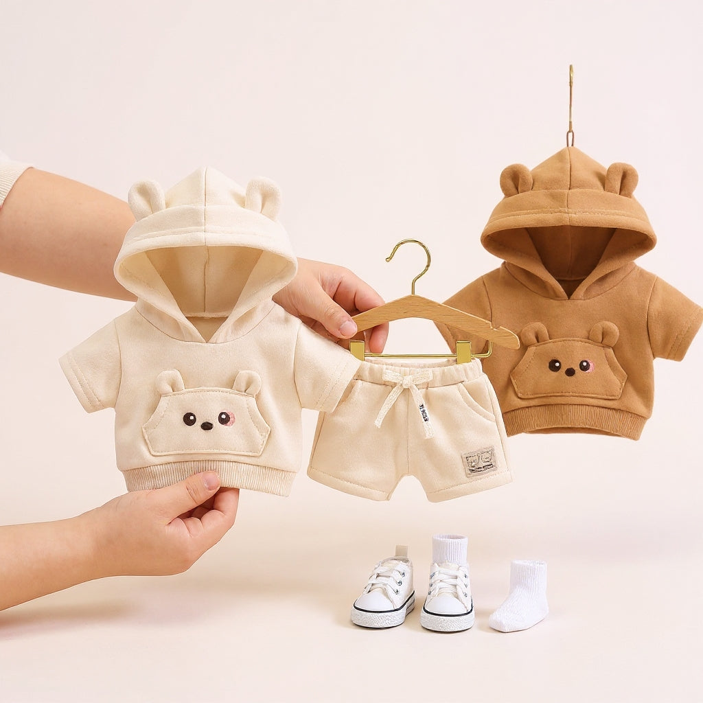 Adorable Bear-Ear Hoodie & Shorts Co-ord Set for Babies – Soft Cotton, Cute Pouch Pocket Design (Cream/Brown)