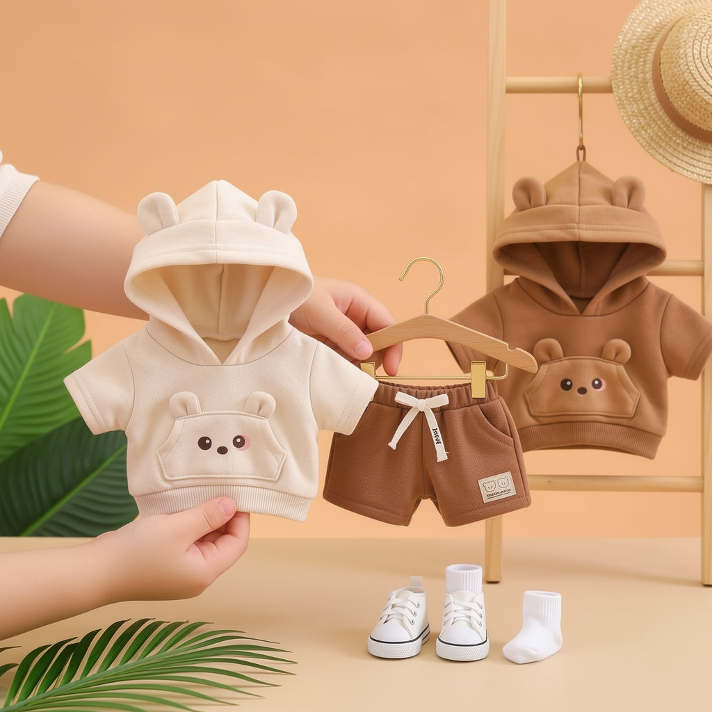 Adorable Bear-Ear Hoodie & Shorts Co-ord Set for Babies – Soft Cotton, Cute Pouch Pocket Design (Cream/Brown)