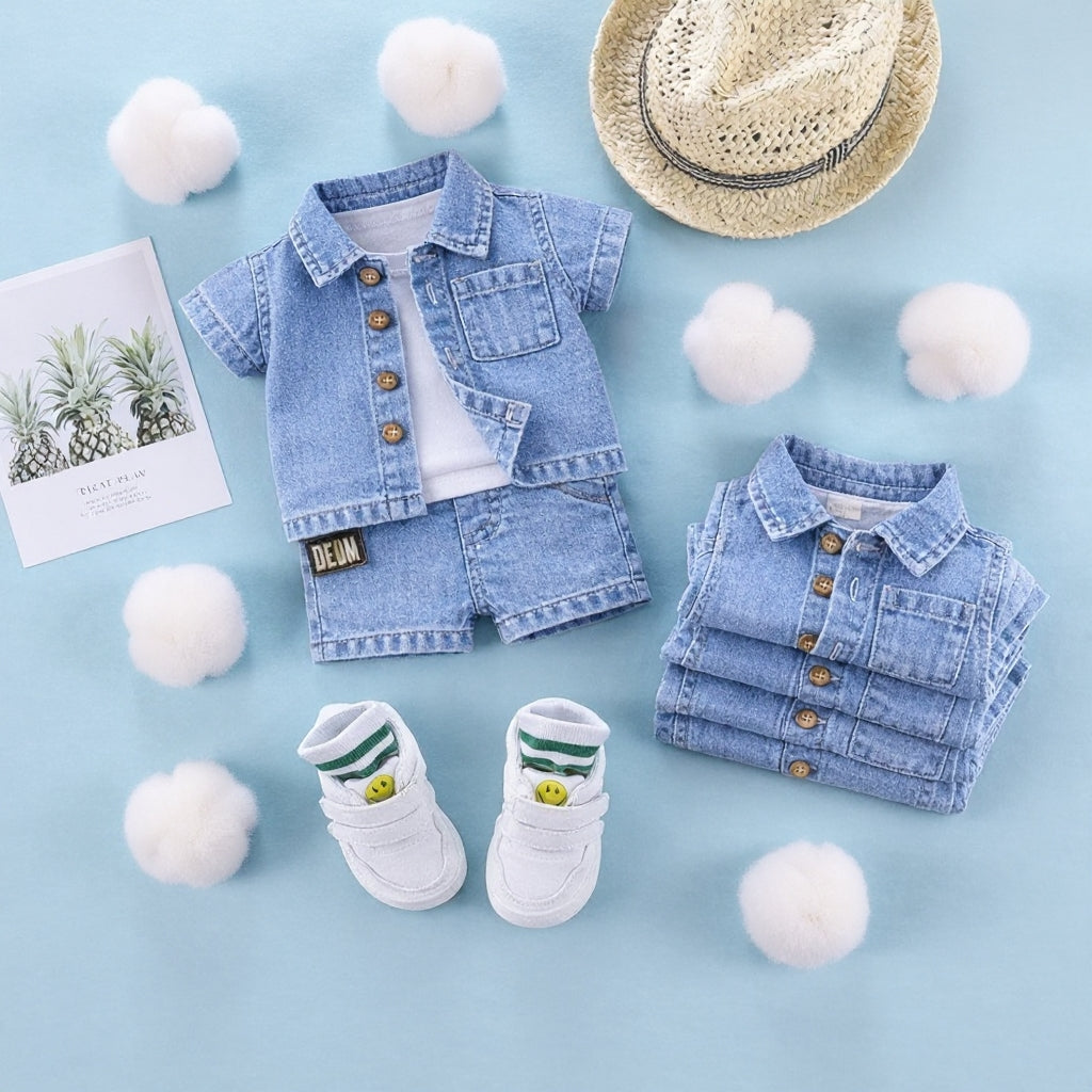 ✨ Cute Baby Denim Outfit Set – Shirt, T-Shirt & Shorts Combo 👶💙