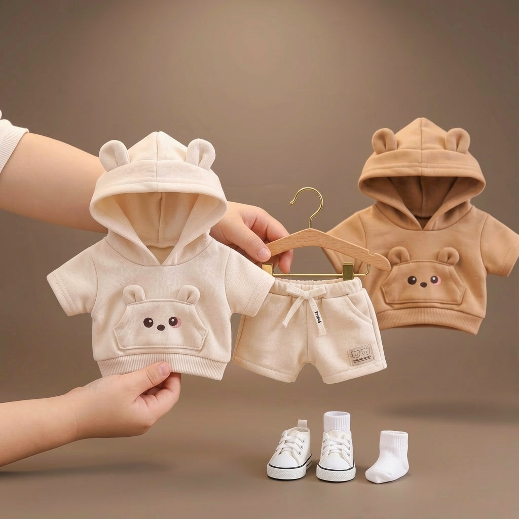 Adorable Bear-Ear Hoodie & Shorts Co-ord Set for Babies – Soft Cotton, Cute Pouch Pocket Design (Cream/Brown)