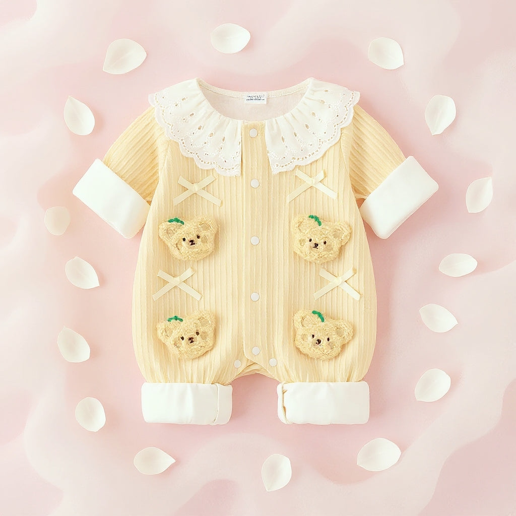 Summer Journey Baby Romper – Pink, Light Yellow & Beige Cute Teddy Cotton Outfit (C