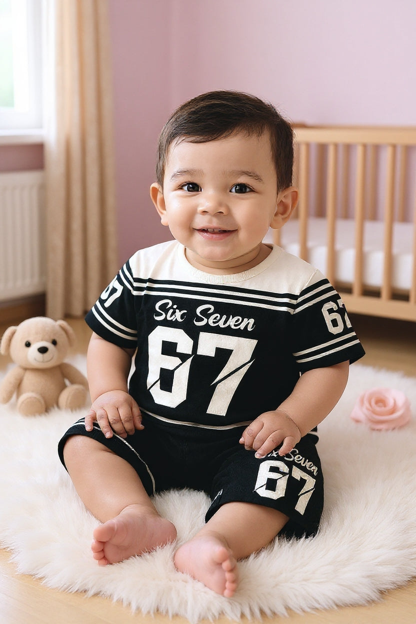 Cute Six Seven 67 Kids Summer Co-Ord Set | Soft Cotton T-Shirt & Shorts Outfit for Boys & Girls