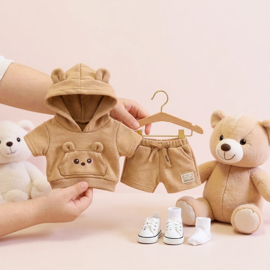 Adorable Bear-Ear Hoodie & Shorts Co-ord Set for Babies – Soft Cotton, Cute Pouch Pocket Design (Cream/Brown)