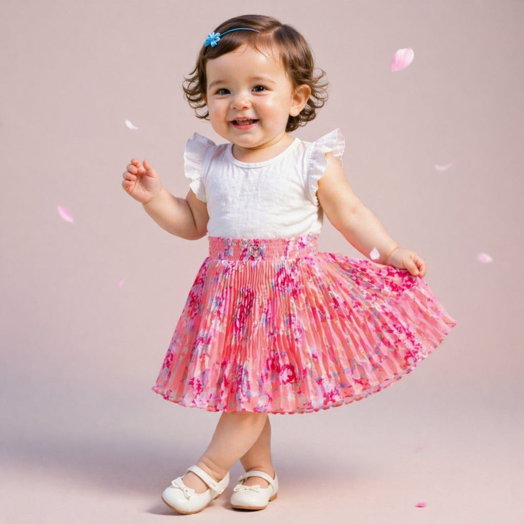 Baby Girls Pink Floral Pleated Skirt | Soft Elastic Waist | Cute Stylish Single Piece Skirt
