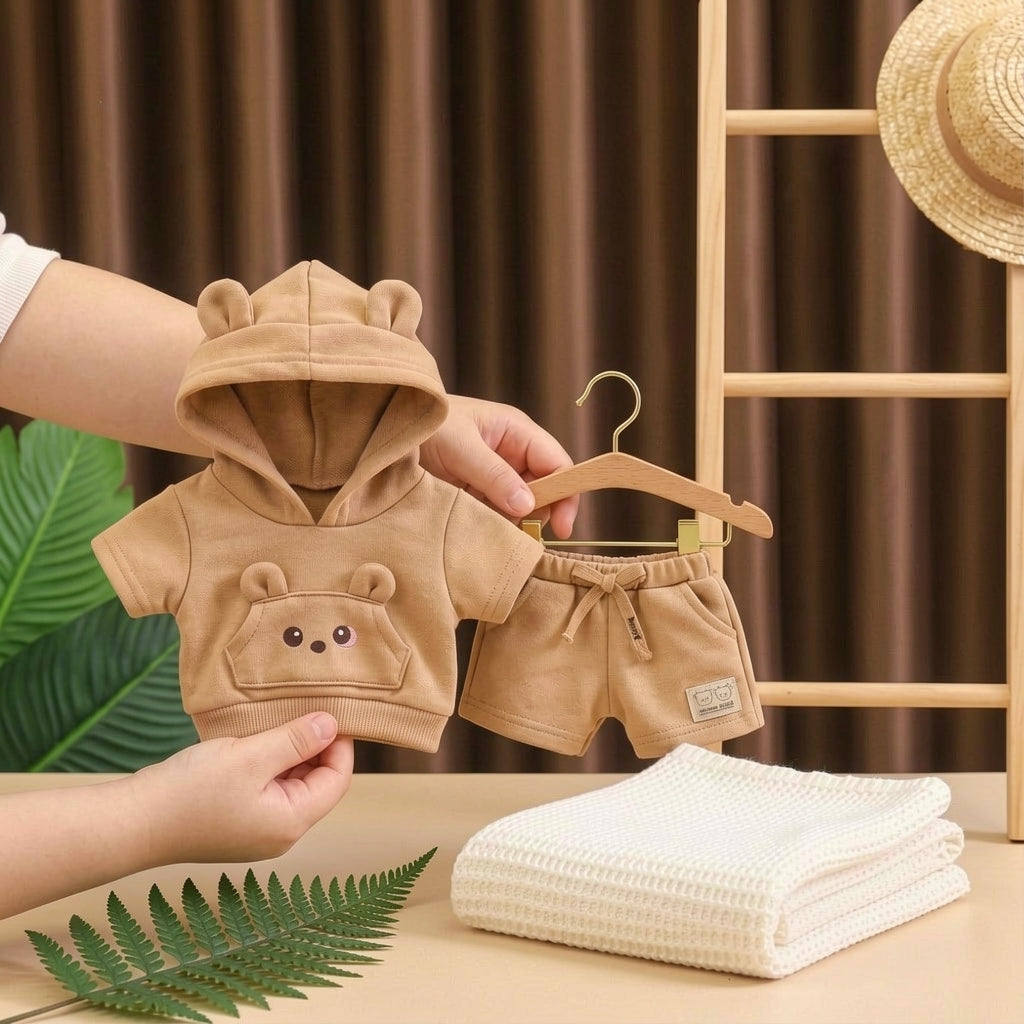 Adorable Bear-Ear Hoodie & Shorts Co-ord Set for Babies – Soft Cotton, Cute Pouch Pocket Design (Cream/Brown)