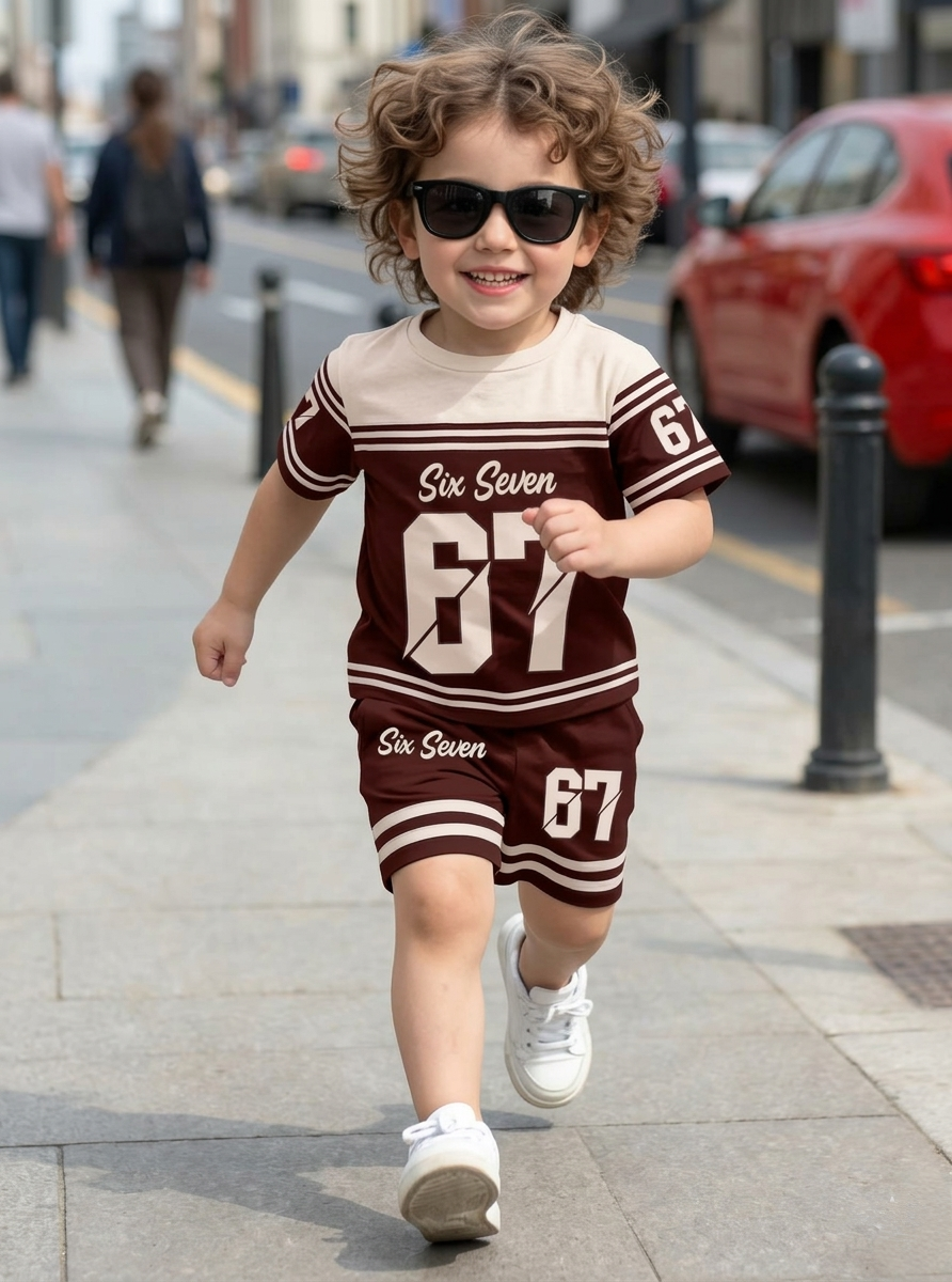 Cute Six Seven 67 Kids Summer Co-Ord Set | Soft Cotton T-Shirt & Shorts Outfit for Boys & Girls