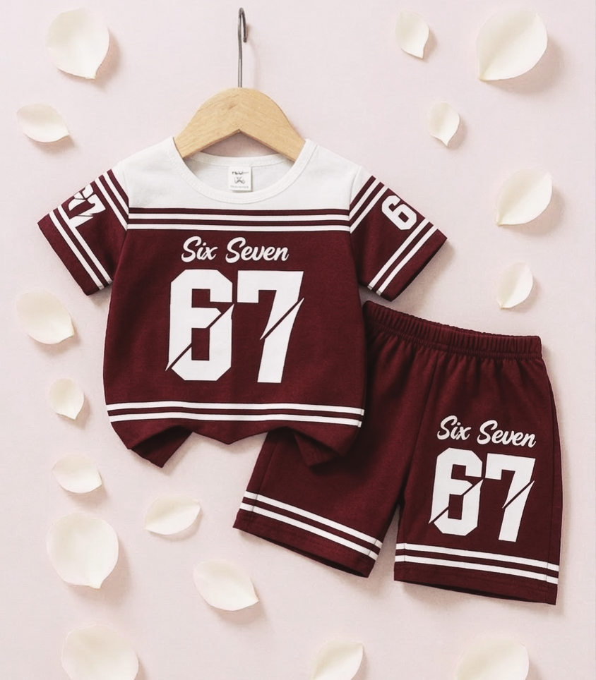 Cute Six Seven 67 Kids Summer Co-Ord Set | Soft Cotton T-Shirt & Shorts Outfit for Boys & Girls