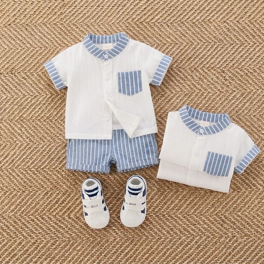 Baby Boys White & Sky Blue Striped Summer Co-Ord Set