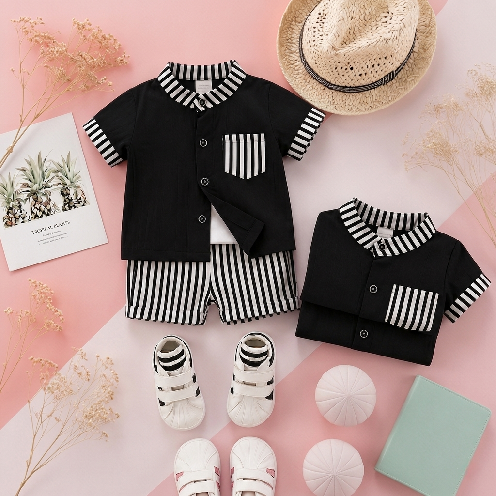 Stylish Kids Summer Co-ord Set | Black & White Striped Half Sleeve Shirt & Shorts Outfit