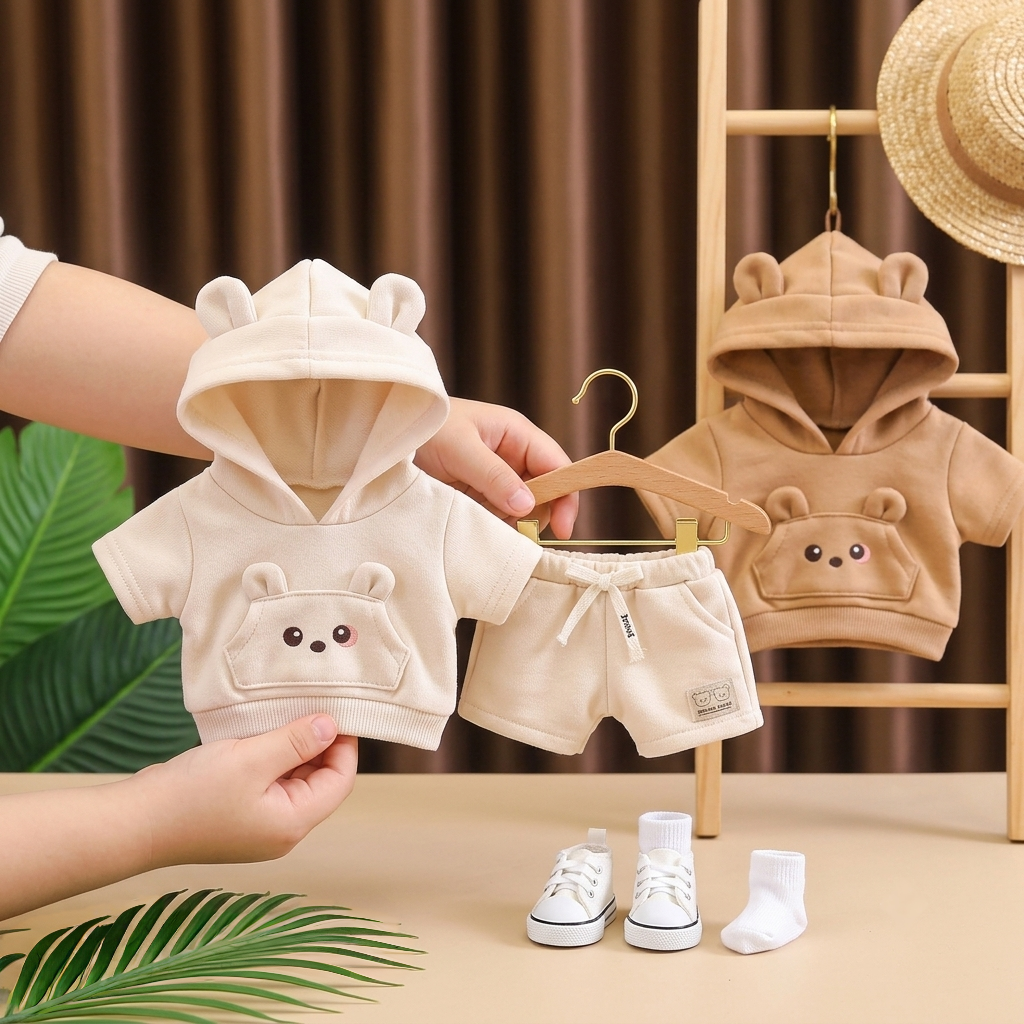 Adorable Bear-Ear Hoodie & Shorts Co-ord Set for Babies – Soft Cotton, Cute Pouch Pocket Design (Cream/Brown)