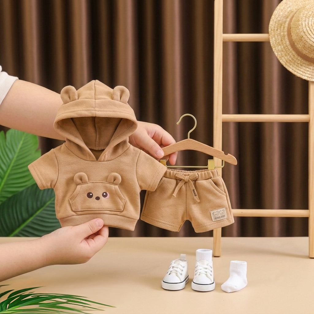 Adorable Bear-Ear Hoodie & Shorts Co-ord Set for Babies – Soft Cotton, Cute Pouch Pocket Design (Cream/Brown)