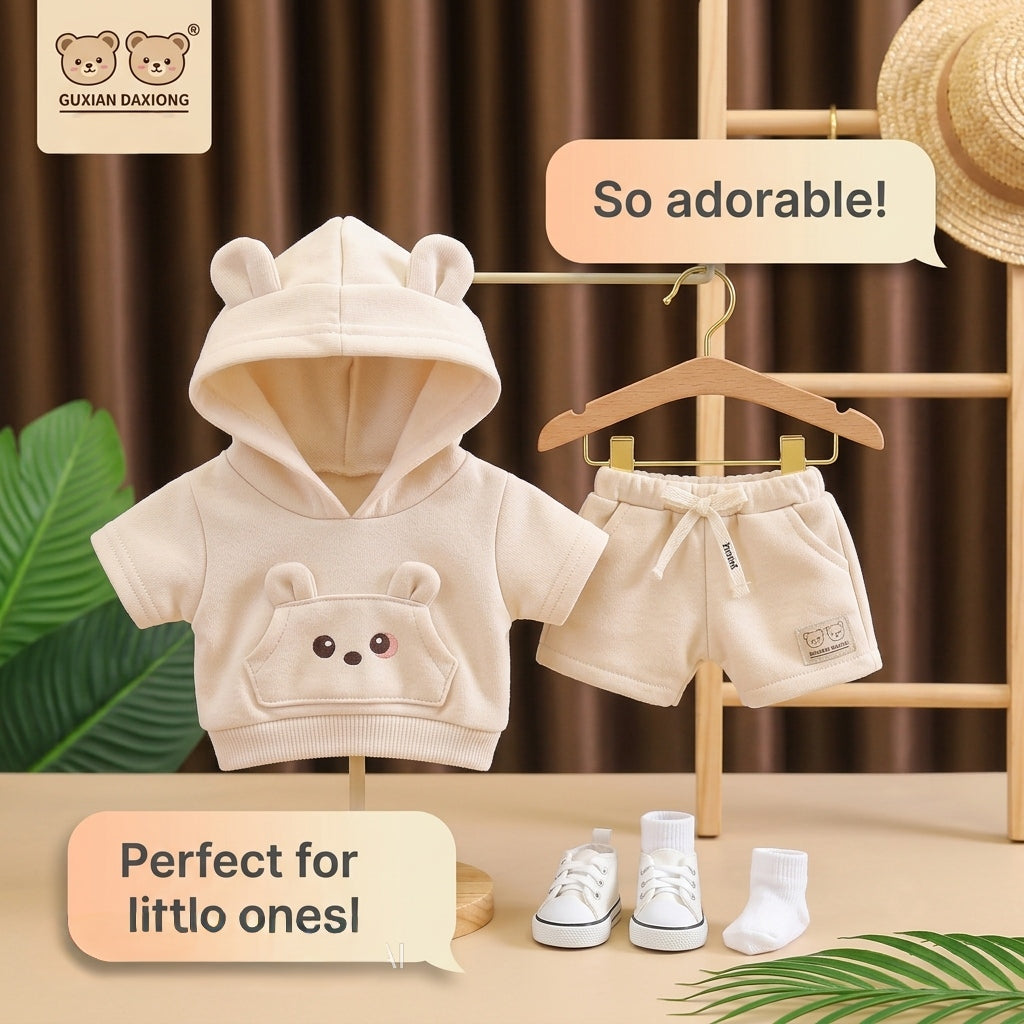 Adorable Bear-Ear Hoodie & Shorts Co-ord Set for Babies – Soft Cotton, Cute Pouch Pocket Design (Cream/Brown)
