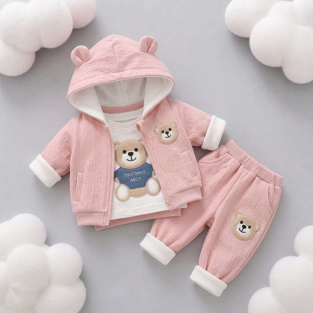 🧸 Cute Bear Hoodie 3-Piece Baby Clothing Set | Soft Cotton Blend Jacket, T-Shirt & Jogger Pant | Premium Kids Outfit | Unisex | All Season Wear (0-5 Years)