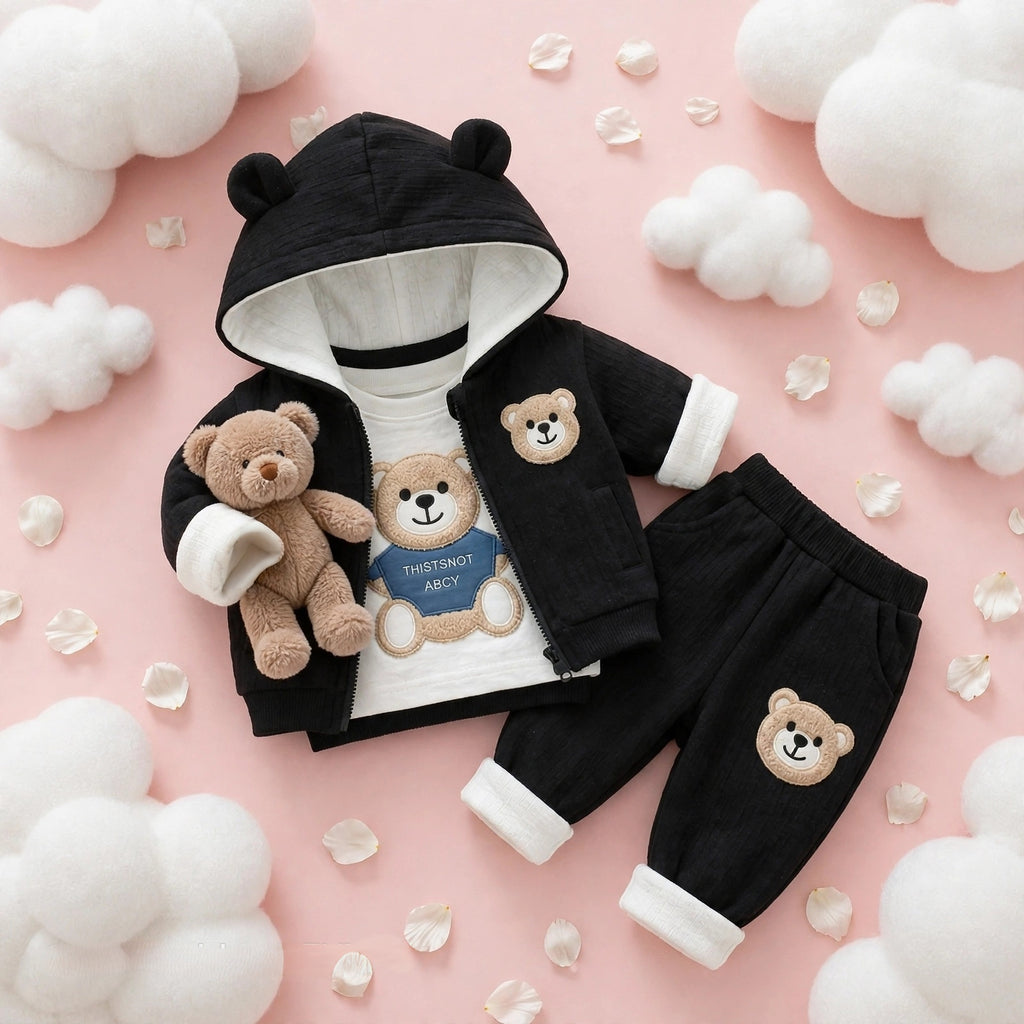 🧸 Cute Bear Hoodie 3-Piece Baby Clothing Set | Soft Cotton Blend Jacket, T-Shirt & Jogger Pant | Premium Kids Outfit | Unisex | All Season Wear (0-5 Years)