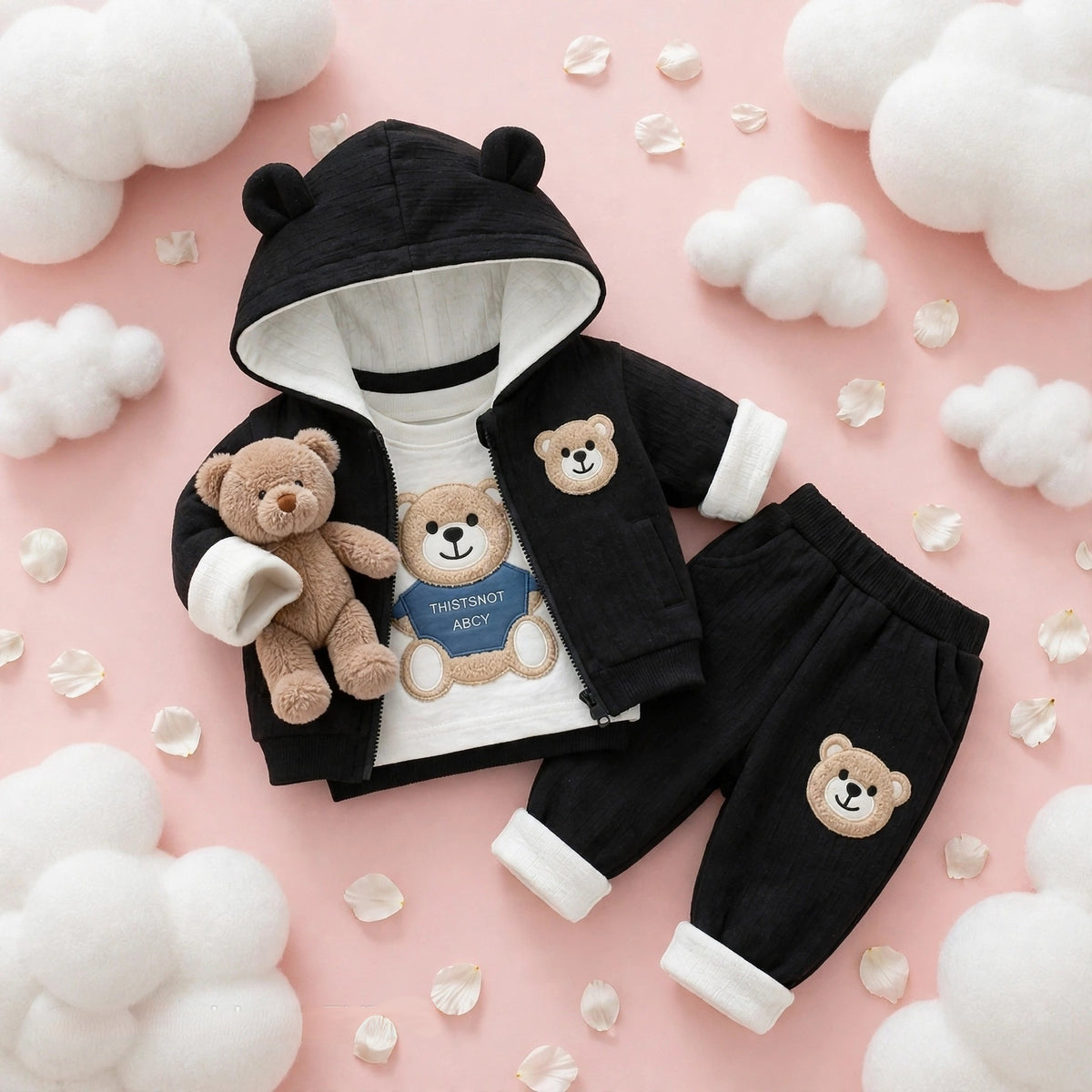 🧸 Cute Bear Hoodie 3-Piece Baby Clothing Set | Soft Cotton Blend Jacket, T-Shirt & Jogger Pant | Premium Kids Outfit | Unisex | All Season Wear (0-5 Years)